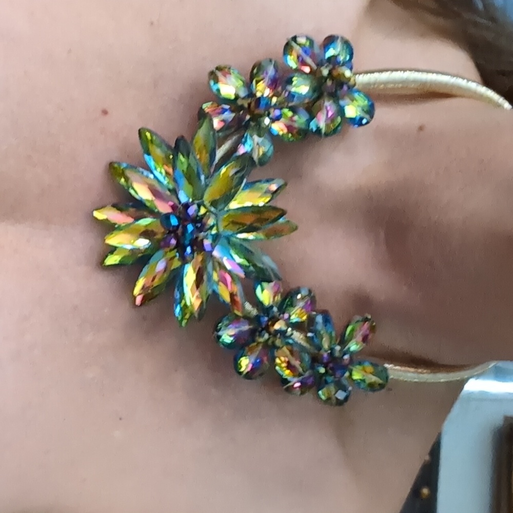 Iridescent, Crystal and beaded statement necklace with gold wrapped soft chain